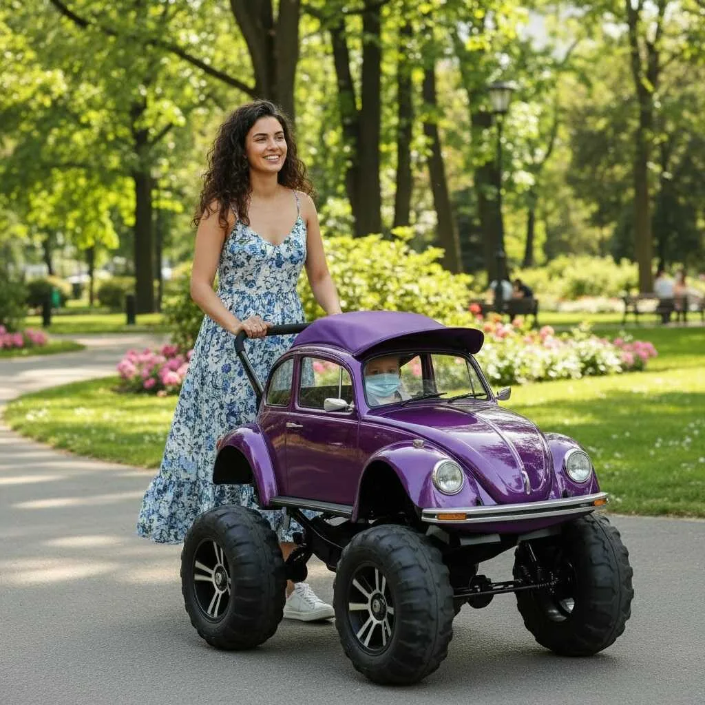 A person folding the VW Beetle Stroller