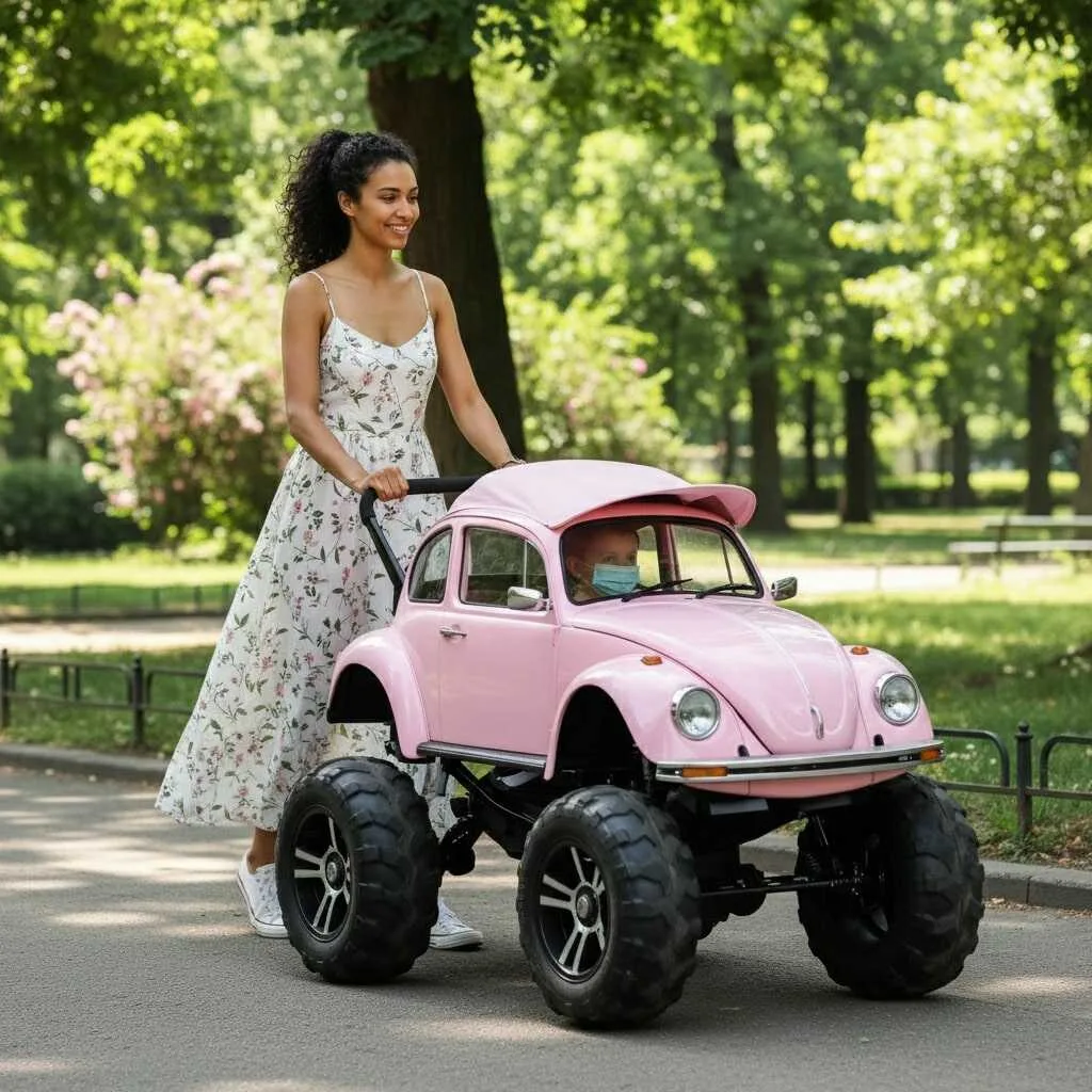 Side view of the VW Beetle Stroller in red